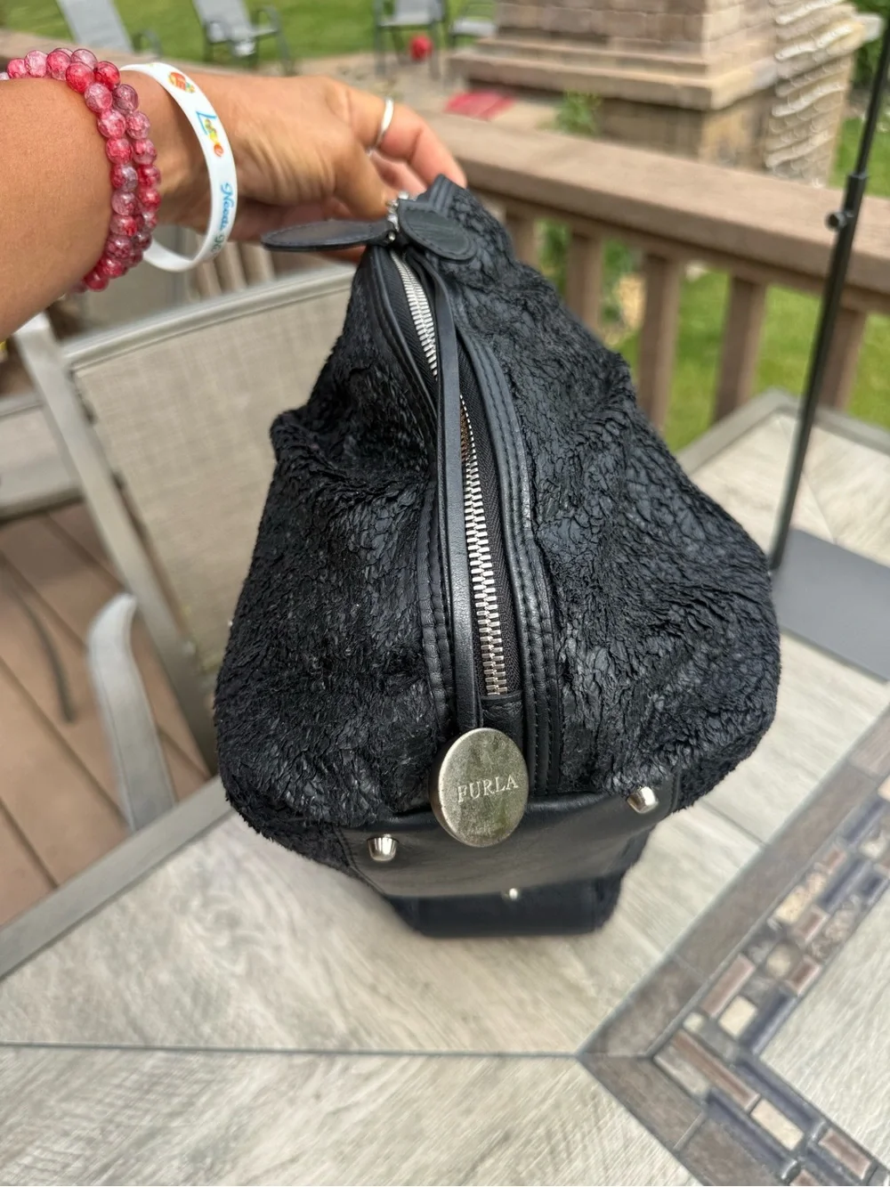 EUC Furla Black mixed-texture design Leather Satchel Rare Vintage Tote Bag - Picture 4 of 11